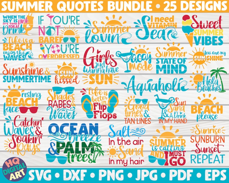 K&ouml;nnte beinhalten: Ein digitaler Download von 25 Sommer-Zitaten und -Spr&uuml;chen. Die Designs zeichnen sich durch eine Vielzahl von Farben und Schriftarten aus, darunter S&auml;tze wie "Sunshine & Summertime", "Ocean Breeze & Palm Trees" und "Sweet Summer Vibes".