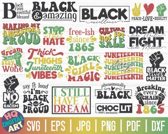 May include: A digital art design sheet with 16 different designs featuring text and graphics related to Black culture and Juneteenth. The designs are in various colors, including black, green, red, yellow, and white. The text includes phrases like "Black and amazing", "Juneteenth Vibes", "Black Girl Magic", "I Still Have a Dream", and "Black Lives Matter".