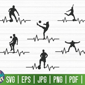 May include: Five black silhouette images of soccer players with a heartbeat line below each player. The players are in various poses, including kicking, dribbling, and running.