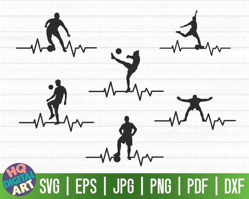 May include: Five black silhouette images of soccer players with a heartbeat line below each player. The players are in various poses, including kicking, dribbling, and running.