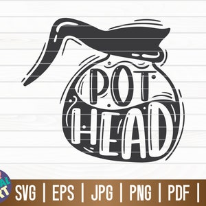 May include: Black and white silhouette of a coffee pot with the text "POT HEAD" inside.