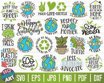 May include: A collection of digital art designs with environmental themes. Includes phrases like "Keep the Planet Green," "Happy Earth Day," and "Reduce, Reuse, Recycle." The designs feature Earth, recycling symbols, and other related graphics.