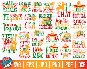 May include: A collection of 18 colorful digital designs featuring text about tequila and tacos. The designs include phrases like "Shake Your Maracas", "I'm Here for the Tacos", "Taco Bout a Fiesta", "Blessed and Taco Obsessed", "Tequila Lime & Sunshine", "Fiesta Like There is No Mañana", "Tacos with a Chance of Tequila", "Tequila Made Me Do It", "Tequila Por Favor", "Live Like Every Day is Taco Tuesday", "Taco Tribe", "Let's Fiesta", "Esta Mamacita Needs a Margarita", "Cinco de Drinko", and "Hola Bitchachos".