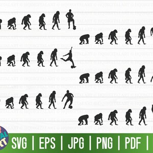May include: A black and white silhouette illustration of the evolution of humans playing soccer. The illustration shows a series of figures, starting with a monkey and ending with a human kicking a soccer ball.