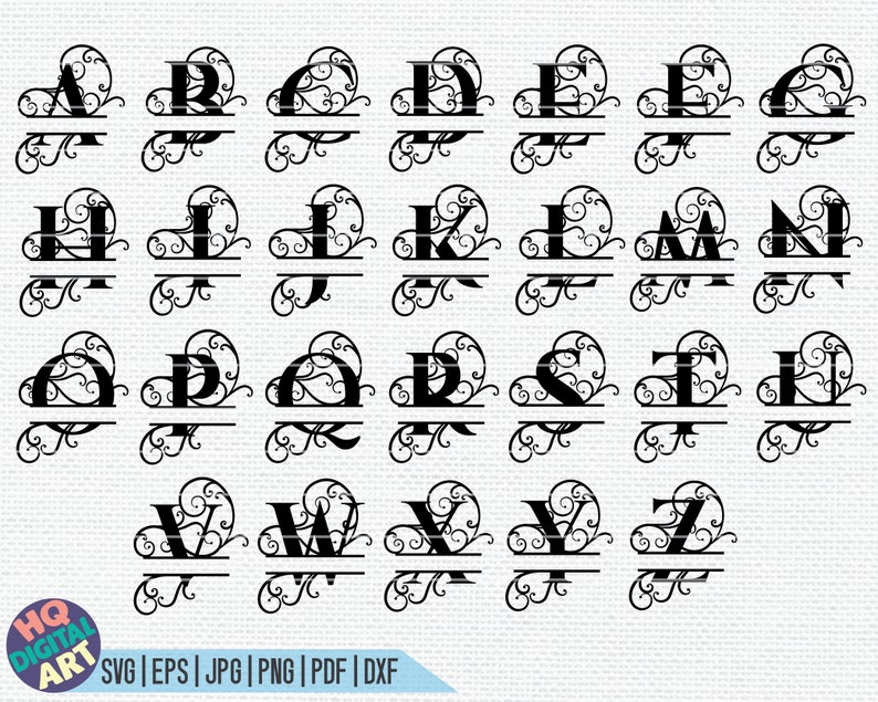 May include: A set of 26 alphabet letters in a split monogram style with a decorative flourish. Each letter is in a black silhouette with a decorative flourish and a horizontal line separating the top and bottom of the letter.