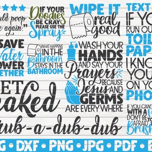 Puede incluir: Un conjunto de archivos de corte SVG con tem&aacute;tica de ba&ntilde;o con frases como "Wipe it real good", "Save Water Shower Together", "Get Naked", "Scrub-a-dub-dub" y "Text Me If You Run Out of Toilet Paper".