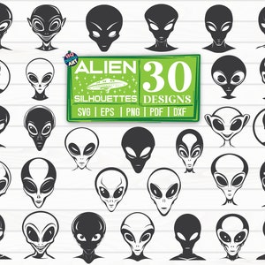Könnte beinhalten: Ein Set mit 30 schwarzen und weißen Alien-Kopf-Silhouetten. Die Silhouetten sind in verschiedenen Posen und Ausdrücken. Der Text "Alien Silhouettes 30 Designs" befindet sich in einem grünen Kasten mit weißem Text.