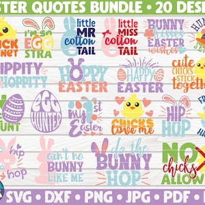May include: A set of 20 Easter-themed SVG cut files featuring various designs with text such as "I'm so egg-stra", "Little Mr. Cotton Tail", "Happy Easter", "Hip Hop", "No Chicks Allowed", and more. The designs are in a variety of colors, including pink, blue, yellow, and green.