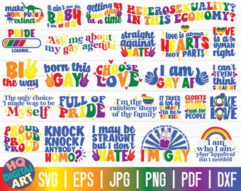 May include: A collection of 20 colorful digital designs featuring LGBTQ+ pride slogans and phrases. The designs are in a variety of fonts and colors, including rainbow, pink, blue, green, yellow, and purple. The designs are perfect for creating t-shirts, mugs, tote bags, stickers, and other merchandise.