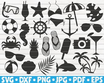 May include: A set of 24 black and white summer themed SVG cut files. The images include a starfish, pineapple, palm trees, sunglasses, flip flops, a camera, a cocktail glass, an anchor, a life preserver, a seashell, a crab, a seahorse, a diving mask, a cocktail glass, a steering wheel, a bikini, an umbrella, a tropical leaf, a beach ball, and a shark.