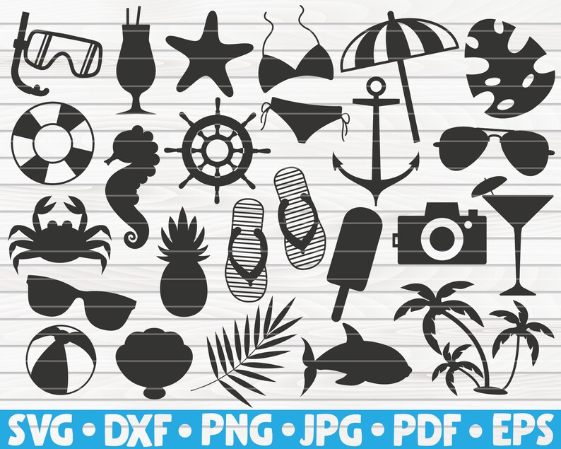 May include: A set of 24 black and white summer themed SVG cut files. The images include a starfish, pineapple, palm trees, sunglasses, flip flops, a camera, a cocktail glass, an anchor, a life preserver, a seashell, a crab, a seahorse, a diving mask, a cocktail glass, a steering wheel, a bikini, an umbrella, a tropical leaf, a beach ball, and a shark.