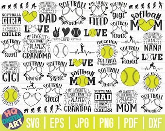 May include: A digital design sheet with 24 different softball-themed designs. The designs feature various phrases and graphics, including "Softball Girl", "Softball Dad", "Softball Grandma", "Softball Mom", "Softball Aunt", "Softball Nana", "Softball Gigi", "Softball Sister", "Softball Brother", "Softball Junkie", "Softball Grandpa", and more. The designs are in black and white with yellow softball graphics.