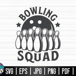 May include: Black and white graphic design of a bowling ball and pins with the text "Bowling Squad".