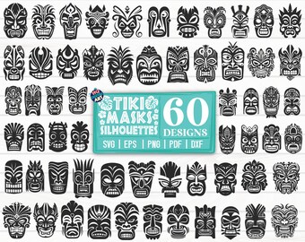 Pacote SVG de 60 silhuetas de máscaras Tiki / arquivo cortado / clipart / para impressão / vetor / decalque / estêncil / arquivo digital / download instantâneo