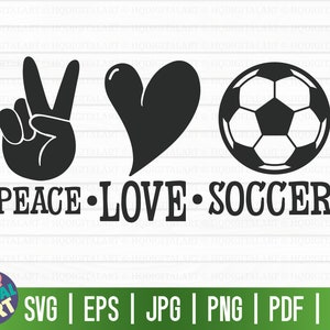 May include: Black and white graphic design with a peace sign, a heart, and a soccer ball. The text "Peace Love Soccer" is below the graphic.