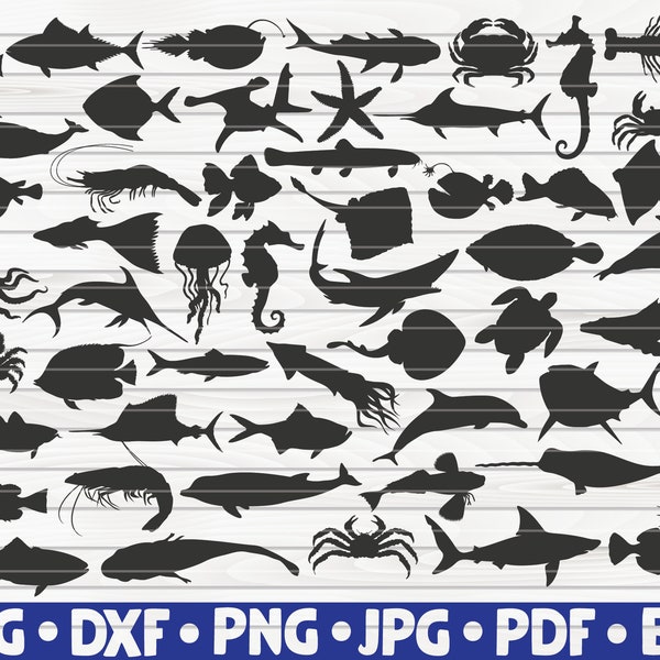 52 Ocean Animals Silhouettes / Free Commercial Use / Cut files for Cricut / cliparts / printable / vectors / instant download
