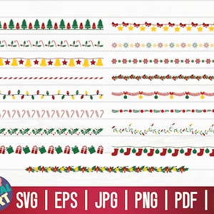 Op de afbeelding: Een set van 10 kerstborderontwerpen met verschillende feestelijke elementen zoals snoepstokken, hulst, sterren, bellen en kerstverlichting. De borders zijn in de kleuren rood, groen en geel.