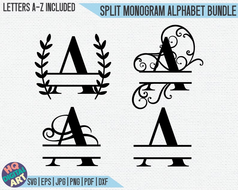 May include: A set of four black and white split monogram alphabet letters in different styles. The letter "A" is shown in each style. The styles include a wreath, a swirl, a simple design, and a flourish. The text "LETTERS A-Z INCLUDED" and "SPLIT MONOGRAM ALPHABET BUNDLE" is also shown in the image.