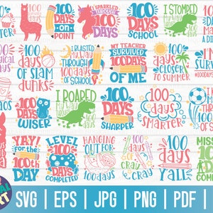 May include: A collection of colorful digital art designs with the theme of celebrating 100 days of school. The designs feature various graphics, including llamas, pencils, dinosaurs, and text such as "100 days sweeter" and "I stomped my way through 100 days of school."