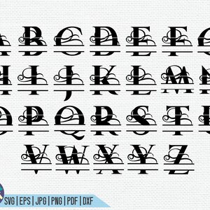 May include: A set of black split monogram letters with decorative swirls. The letters are arranged in alphabetical order from A to Z. Each letter has a horizontal line through the middle.