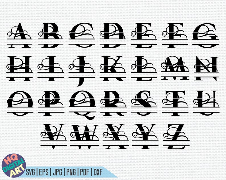 May include: A set of black split monogram letters with decorative swirls. The letters are arranged in alphabetical order from A to Z. Each letter has a horizontal line through the middle.