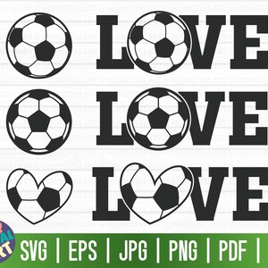 May include: Three black and white designs featuring a soccer ball and the word "LOVE". The first design features a soccer ball with the word "LOVE" in all caps. The second design features a soccer ball with the word "LOVE" in all caps. The third design features a heart-shaped soccer ball with the word "LOVE" in all caps.