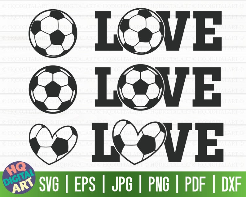 May include: Three black and white designs featuring a soccer ball and the word "LOVE". The first design features a soccer ball with the word "LOVE" in all caps. The second design features a soccer ball with the word "LOVE" in all caps. The third design features a heart-shaped soccer ball with the word "LOVE" in all caps.
