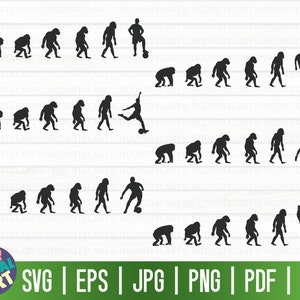 Puede incluir: Gráfico de silueta negra que representa la evolución de los jugadores de fútbol, desde figuras simiescas hasta jugadores humanos. Incluye el texto "HQ DIGITAL ART" y opciones de tipo de archivo: SVG, EPS, JPG, PNG, PDF y DXF.