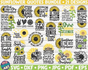 Könnte beinhalten: Ein Set mit 21 digitalen Designs mit Sonnenblumen-Motiven und Zitaten über Freude, Glück und Positivität. Die Designs sind in Schwarzweiß mit gelben Sonnenblumen. Der Text enthält Sätze wie "Meine Seele ist aus Freude und Sonnenschein gemacht", "Sei der Grund, warum jemand heute lächelt", und "Strahle wie eine Sonnenblume".