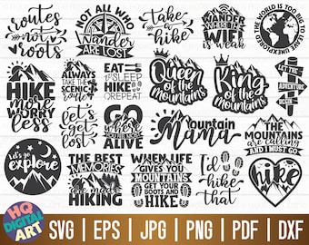 Paquete SVG de citas de senderismo / 20 diseños / Uso comercial gratuito / Archivos de corte para Cricut / imágenes prediseñadas / imprimibles / vectoriales / descarga instantánea