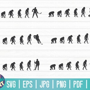 May include: A black and white silhouette image of a series of stick figures depicting the evolution of humans, with the last figure holding a hockey stick and puck. The image is repeated three times.