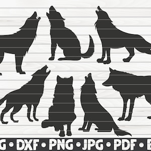 May include: A set of 7 black wolf silhouettes in various poses, including howling, sitting, and standing. The silhouettes are isolated against a white background.