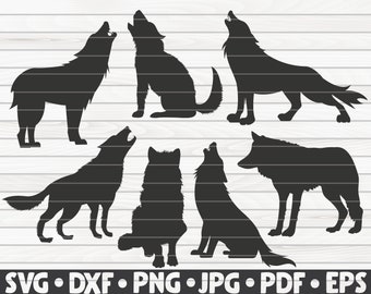 7 Wolf Silhouettes / Cut File / cliparts / printable / vectors / commercial use instant download