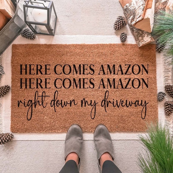 Here Comes Amazon Doormat, Christmas Doormat, Funny Doormat, Christmas Welcome Mat, Merry Christmas Doormat, Christmas Decor, Holiday Decor