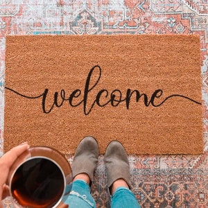 Welcome Cursive Script Door Mat, Welcome Doormat, Front Porch Decor, Front Door, Housewarming Gift, Wedding Gift, Home Decor, Home Doormat