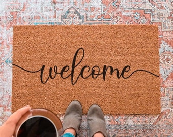 Welcome Cursive Script Door Mat, Welcome Doormat, Front Porch Decor, Front Door, Housewarming Gift, Wedding Gift, Home Decor, Home Doormat