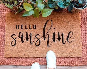 Hello Sunshine paillasson, tapis de bienvenue, cadeau de pendaison de crémaillère, décor d'été, décor de printemps, décor de porte d'entrée, paillasson mignon, paillasson de bienvenue