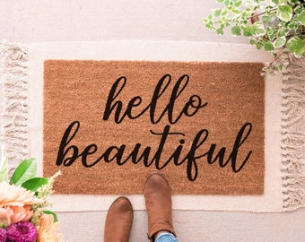 Hello Beautiful Door Mat, Hello Welcome Mat, Housewarming Gift, Wedding Gift, Custom Doormat, Front Door Mat, Spring Decor, Happy Doormat