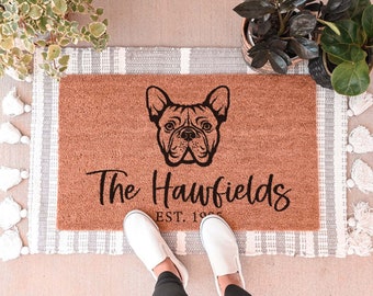 French Bulldog Doormat, Personalized Doormat, Last Name Door Mat, Custom Doormat, Welcome Mat, Housewarming Gift, Closing Gift, Frenchie Pup