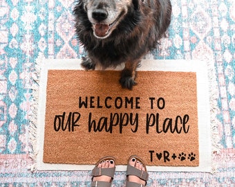 Our Happy Place, Custom Initial Doormat, Last Name Personalized Doormat, Welcome Mat, Housewarming Gift, Wedding Gift Ideas, Closing Gift