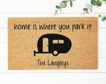 Personalized Camping Doormat, RV Door Mat, Home Is Where You Park It, Camper Life, Last Name Door Mat, Camping Welcome Mat, Monogram Rug