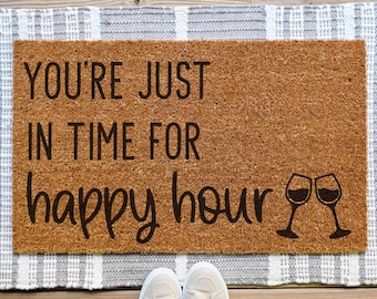 Funny Happy Hour Coir Doormat: Welcome Mat for Cocktail Lovers
