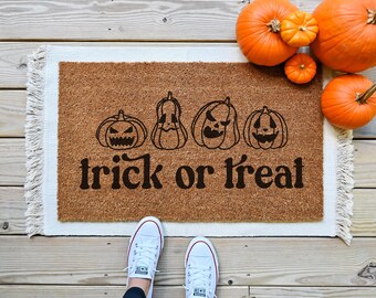 Trick or Treat Doormat, Halloween Decor, Coir Door Mat, Spooky Pumpkin Mat