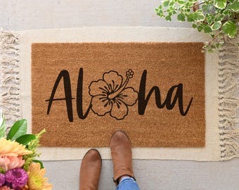 Aloha Hibiscus Doormat, Tropical Flower Welcome Mat, Coir Door Mat, Beach House Decor
