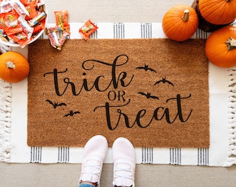 Trick Or Treat Doormat, Halloween Coir Door Mat, Spooky Porch Decor