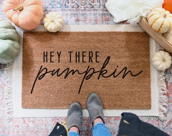 Hey There Pumpkin Doormat, Fall Pumpkin Coir Door Mat, Autumn Porch Decor