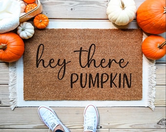 Hey There Pumpkin Doormat, Fall Pumpkin Coir Door Mat, Autumn Porch Decor