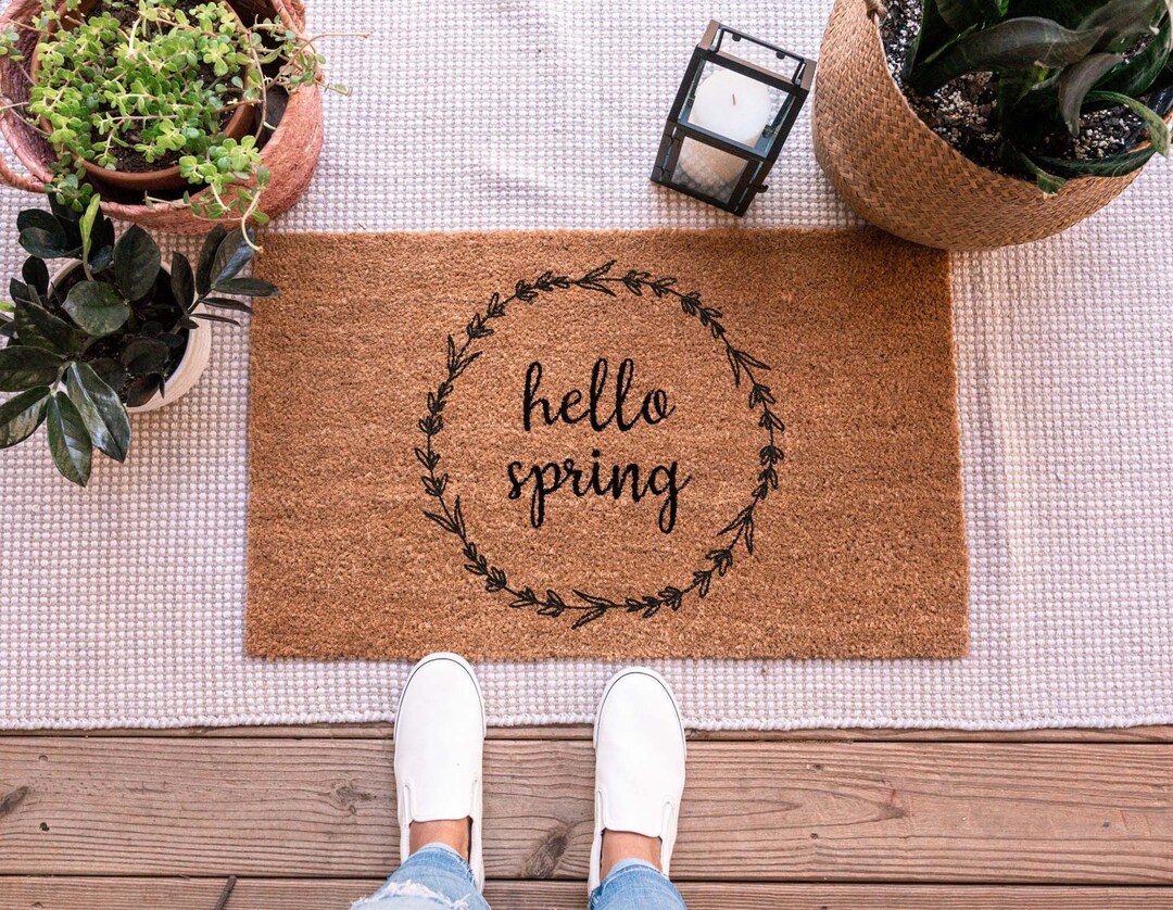 Hello Spring Doormat Spring Door Mat Flower Doormat Flower Etsy