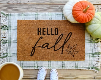 Felpudo "Hola Otoño", Felpudo de bienvenida de fibra de coco para otoño, Decoración de porche para otoño