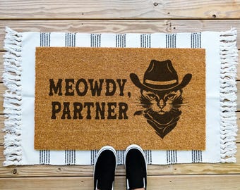 Meowdy Partner Doormat, Coir Cat Welcome Doormat, Front Porch Decor, Housewarming Gift